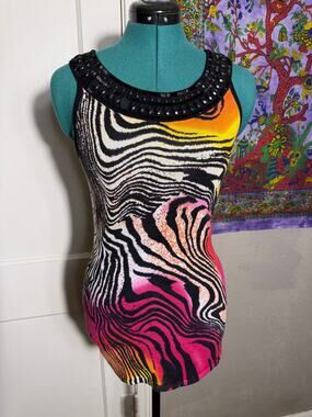 Belldini Zebra Print Tunic Top Beaded Pink Orange Y2K McBling - Medium